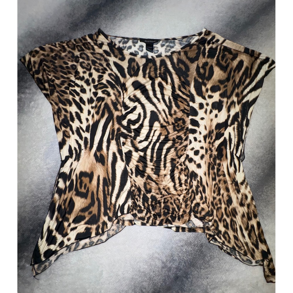 (CL) Ashley Stewart Animal Print Ruched Handkerchief Hem Top Brown Black 14/16